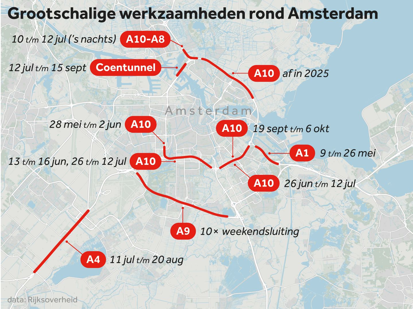 Kaart grootschalige werkzaamheden rond Amsterdam