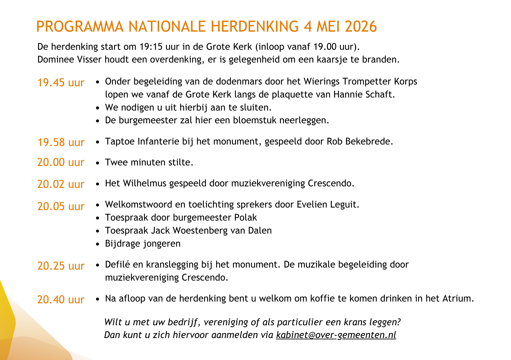 Programma dodenherdenking 4 mei 2026